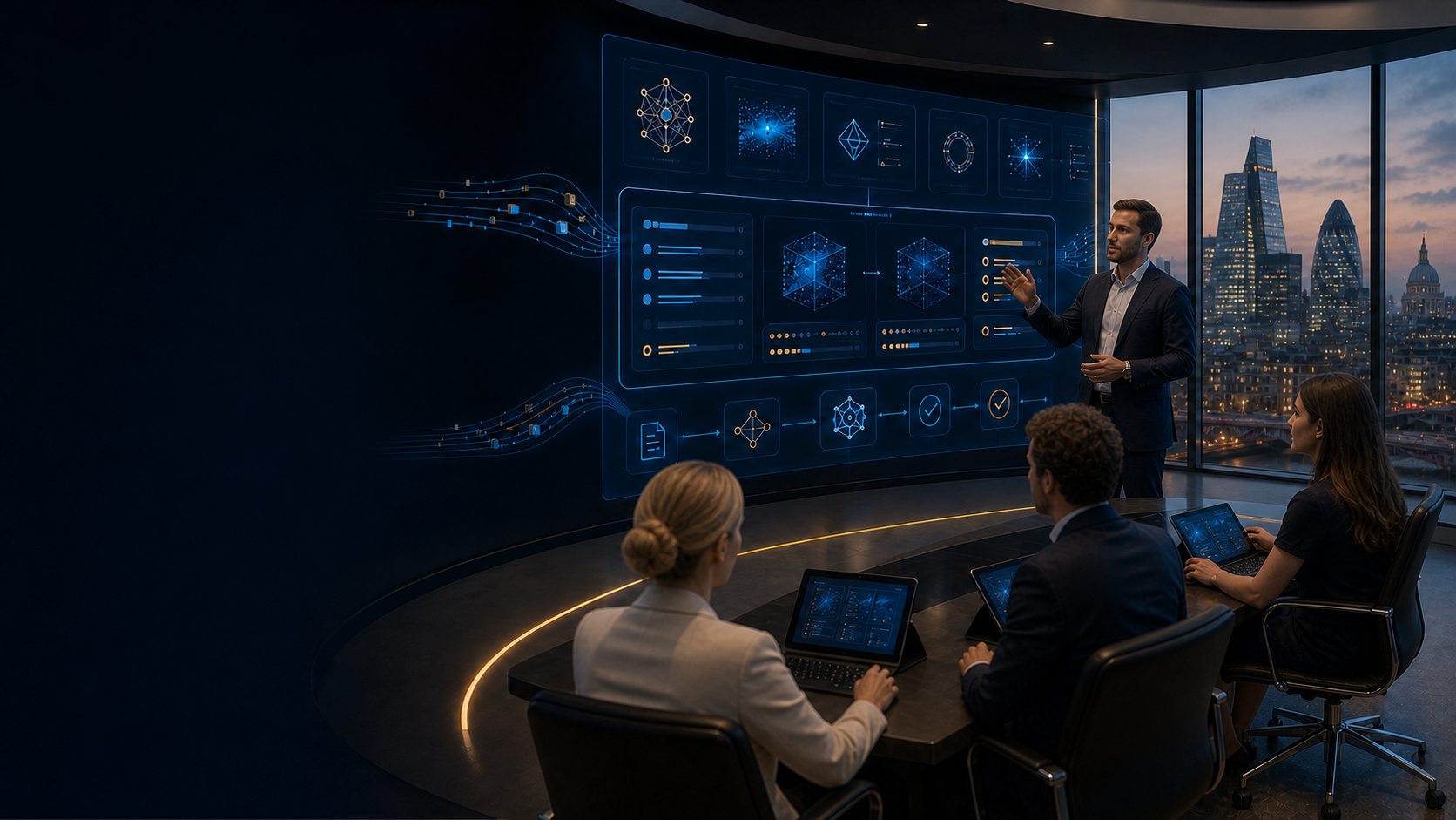 UK business professionals in a realistic digital AI training room at dusk, with a British city skyline beyond the windows