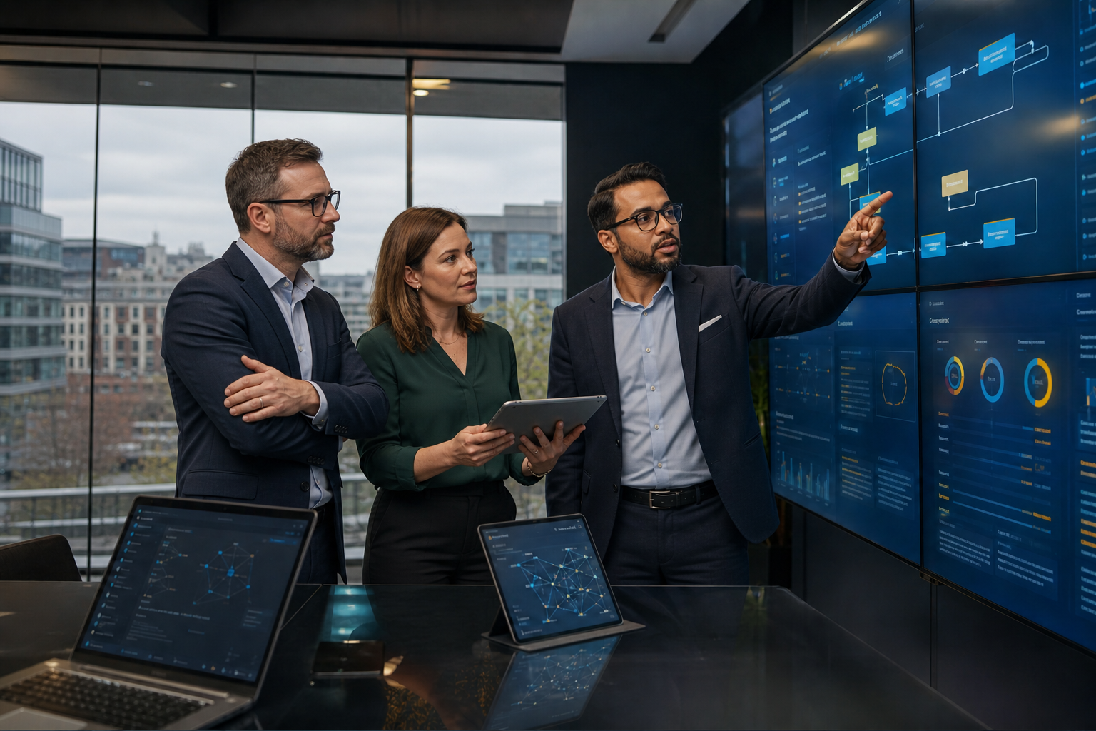 UK business professionals reviewing AI workflow dashboards on large screens and tablets